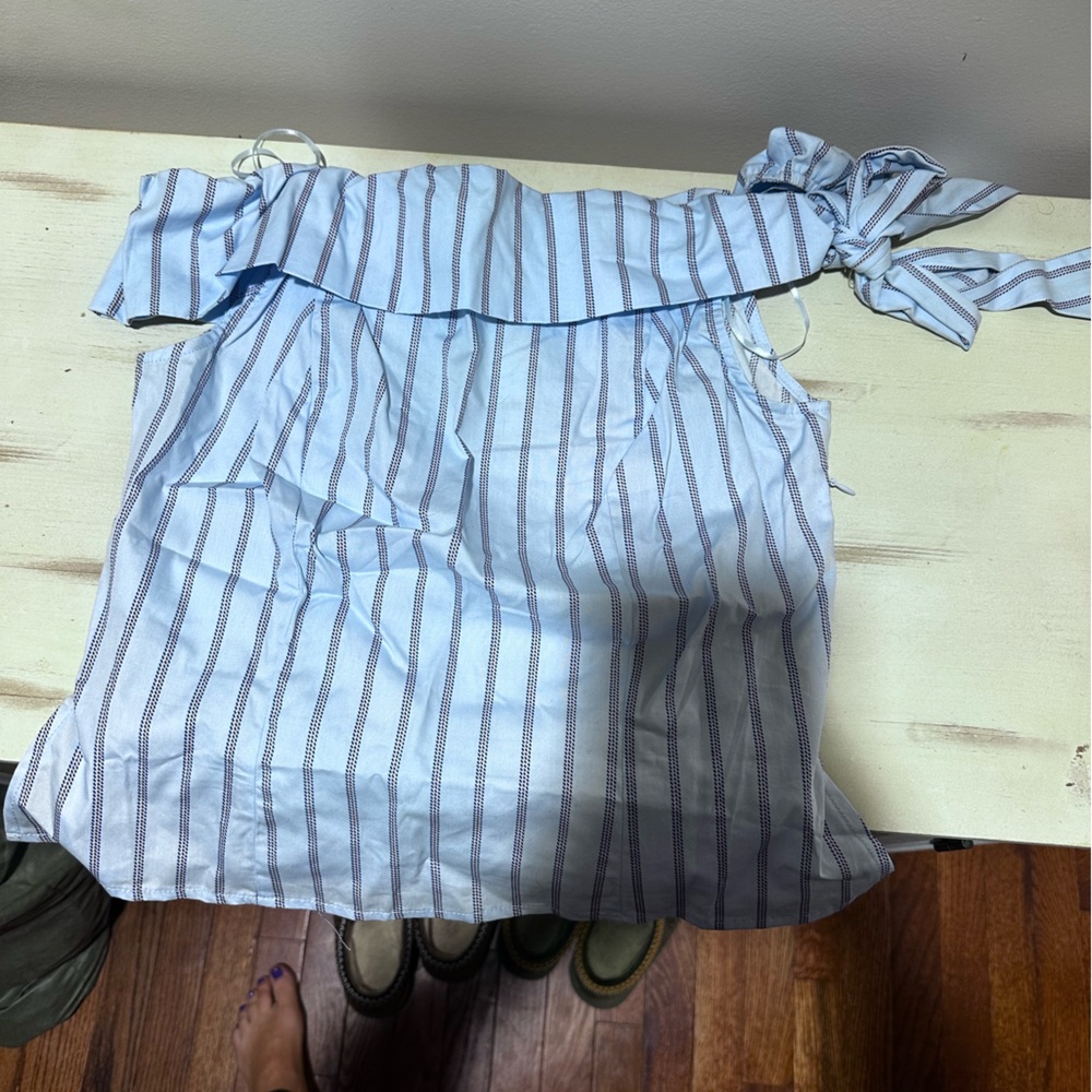 Francesca's Collections Blue and White Striped One-Shoulder Ruffle Camisole